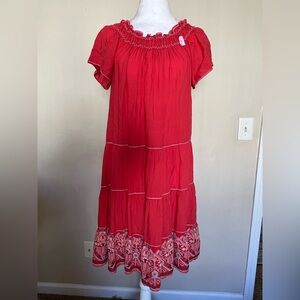 Max Studio Red Tiered Midi Dress with Embroidered Hem